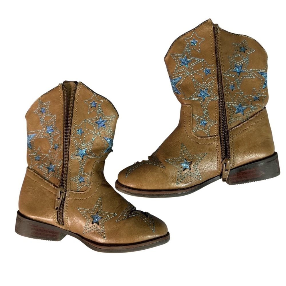 Girls Brown & Turquoise Sparkle Star Cowboy Boots Size 10‎